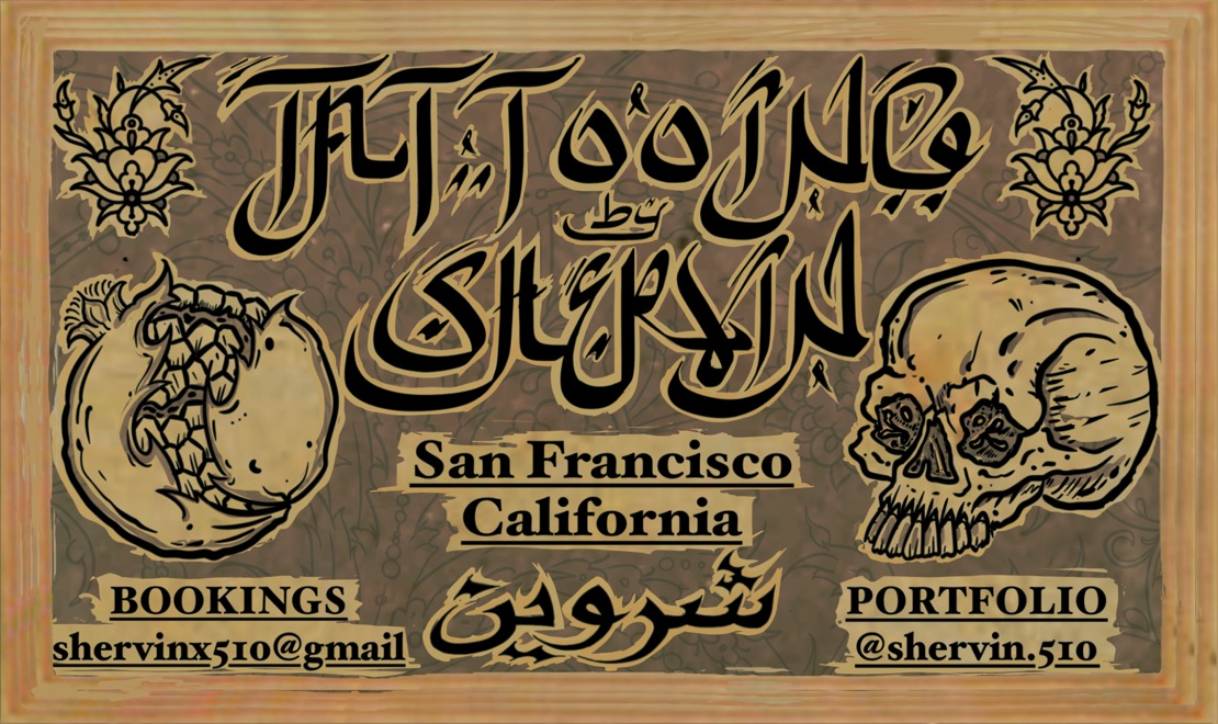 Shervin tattoo business card — Persian calligraphy, skull art, booking and contact details